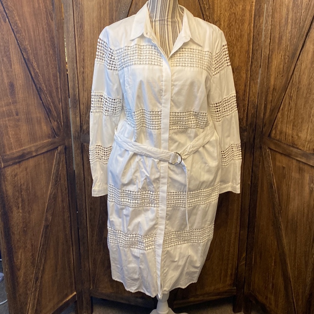 Eshakti Banded Crochet Lace and Cotton Poplin MIDI Shirtdress. Size XL-16